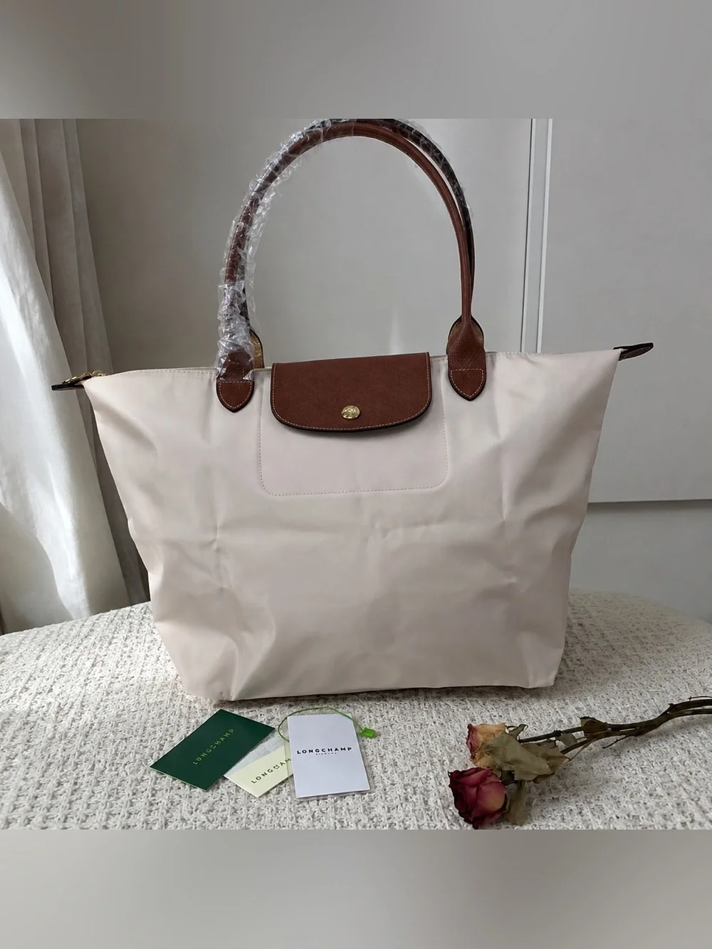 Longchamp Tote in Cream with Brown Trim